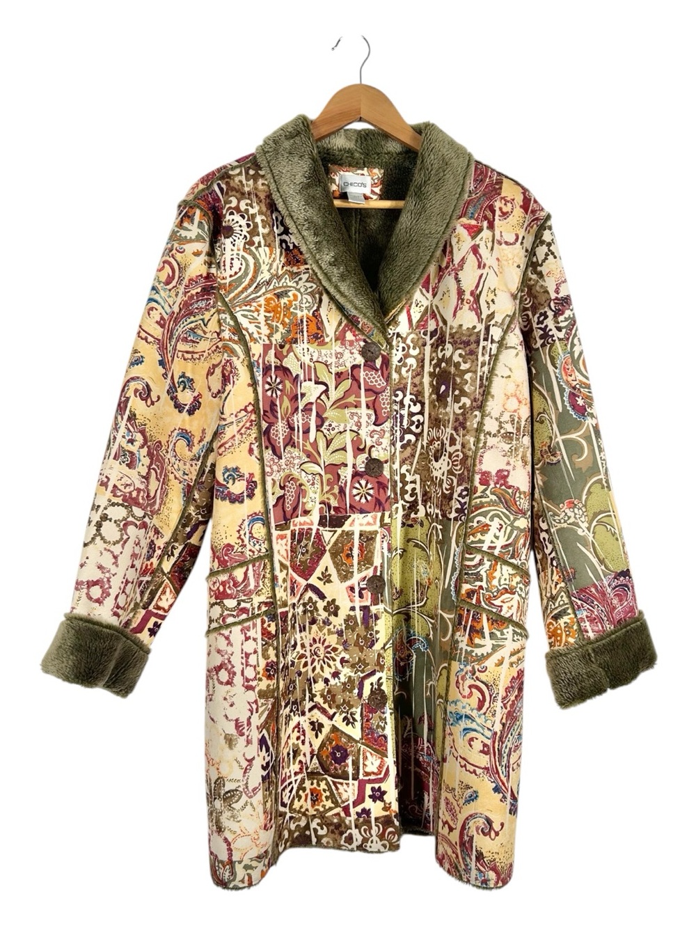 Chico’s Patchwork Boho Hippie Faux Suede Green Faux Fur Coat‎
